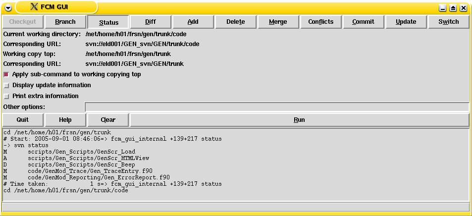 Example GUI screen with the Status commands selected